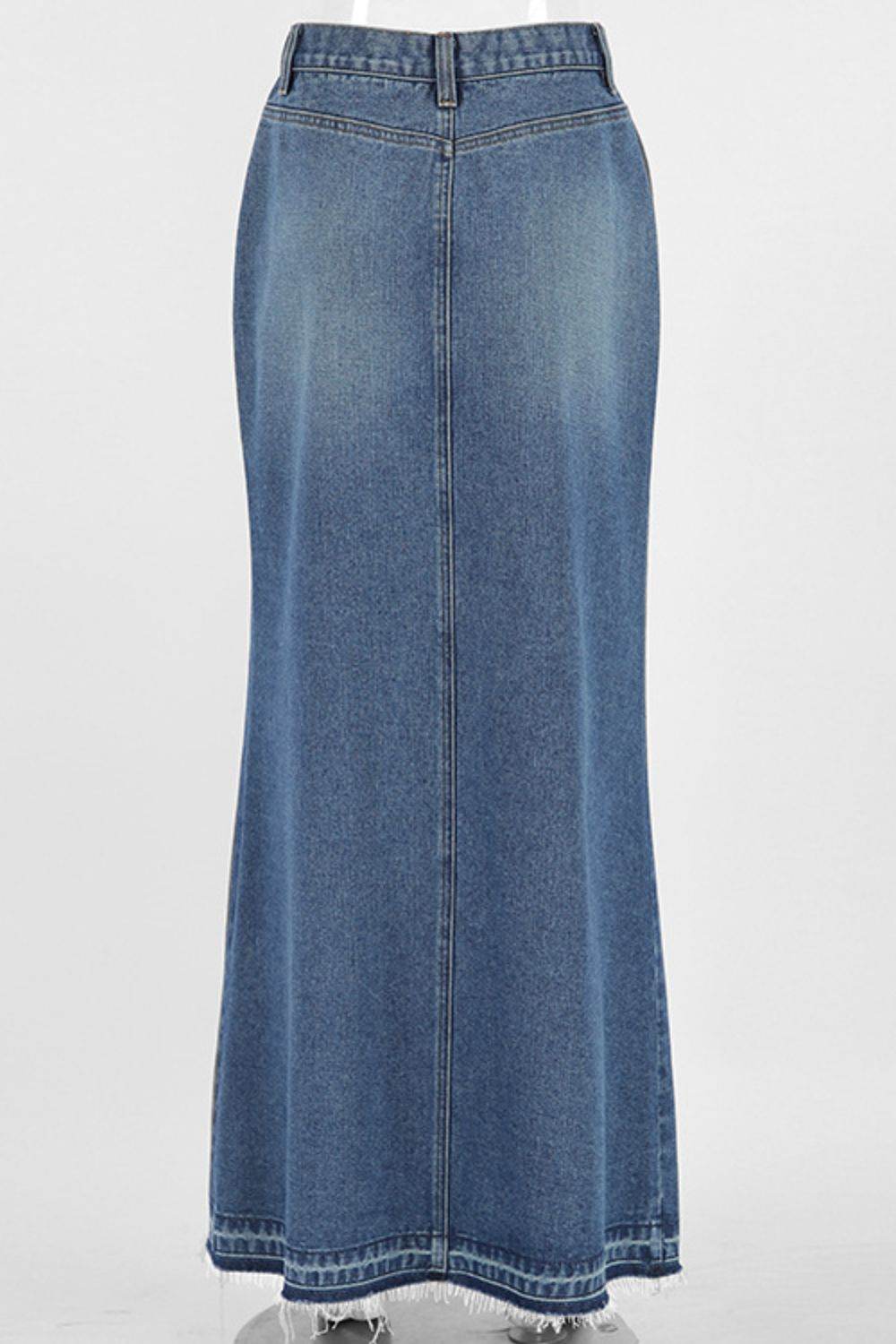 Slit Front Raw Hem Denim Maxi Skirt - UnLaced Boutique