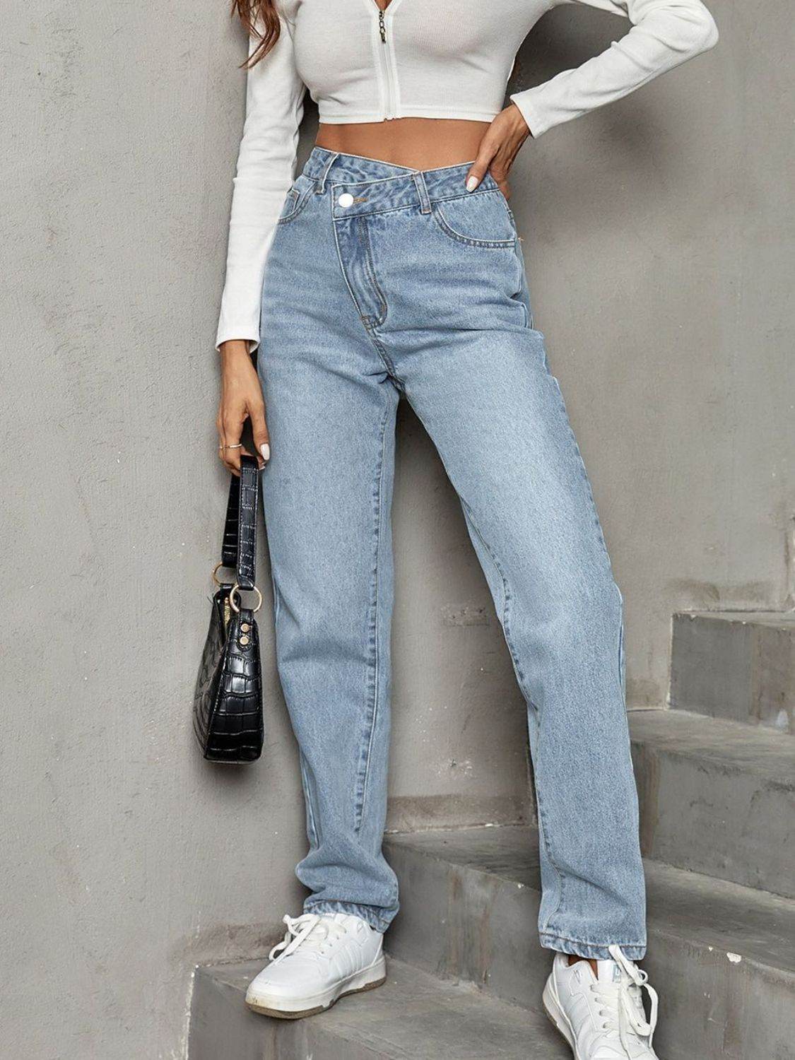 Asymmetrical Waist Straight Leg Jeans - UnLaced Boutique
