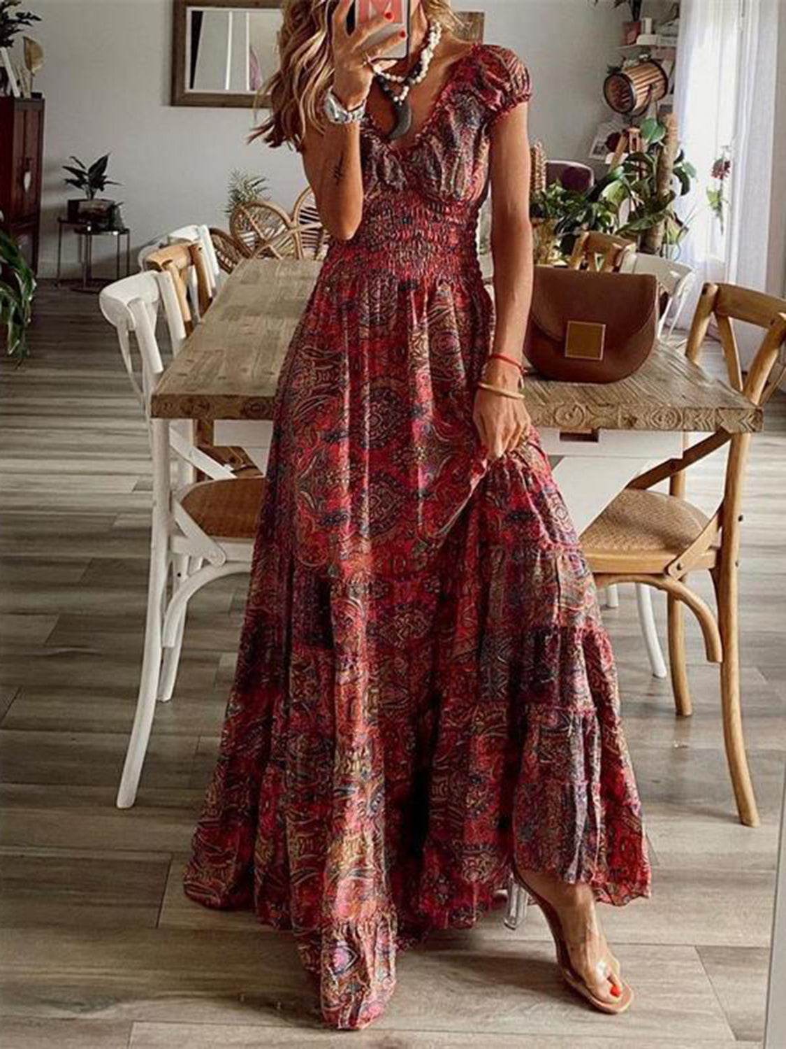 Full Size Smocked Printed V-Neck Short Sleeve Dress - UnLaced Boutique