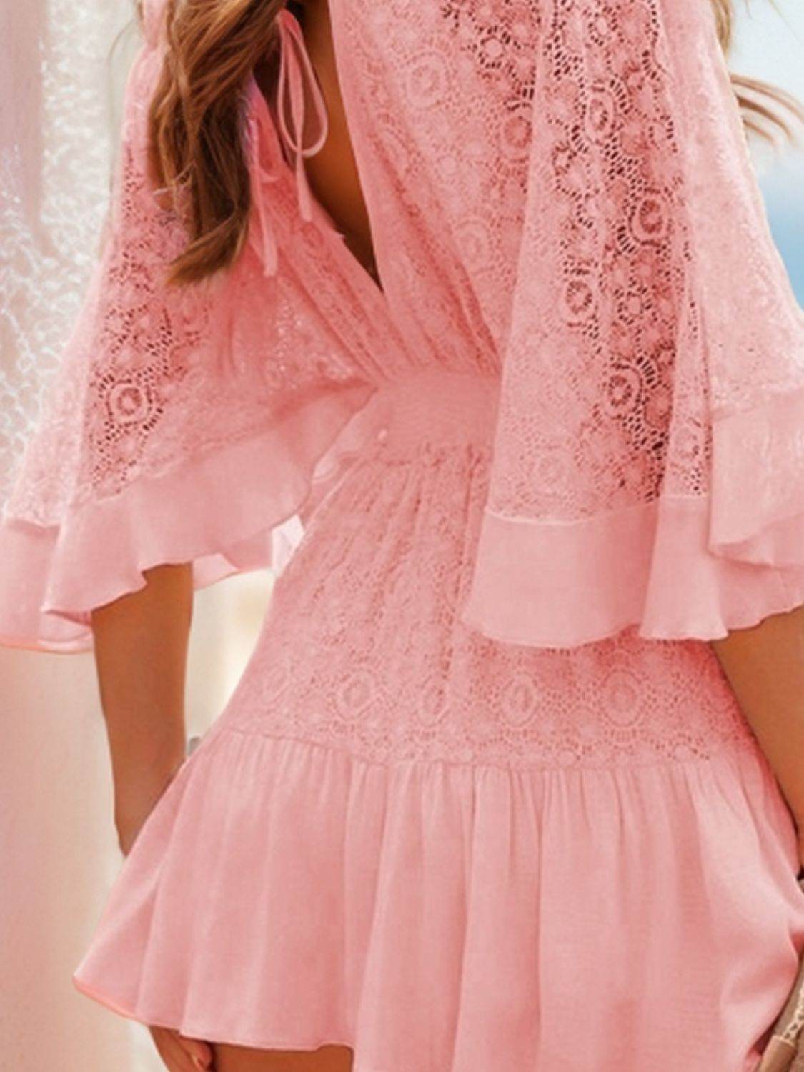 Ruffle Hem Tie Back Lace Mini Dress - UnLaced Boutique