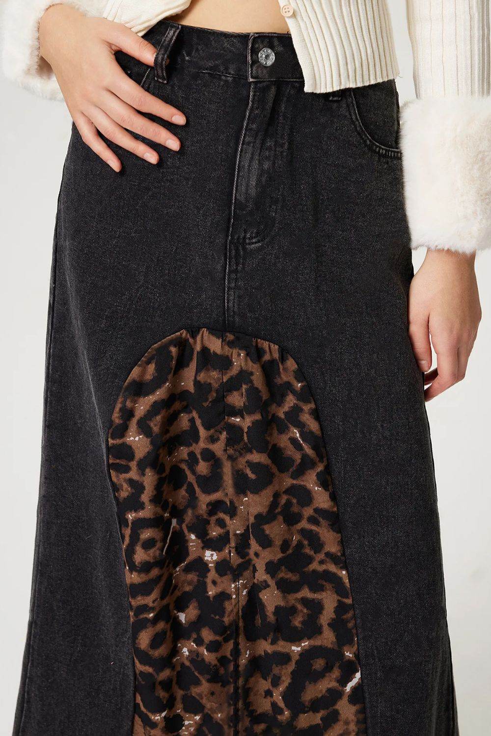 Slit Leopard Midi Denim Skirt - UnLaced Boutique