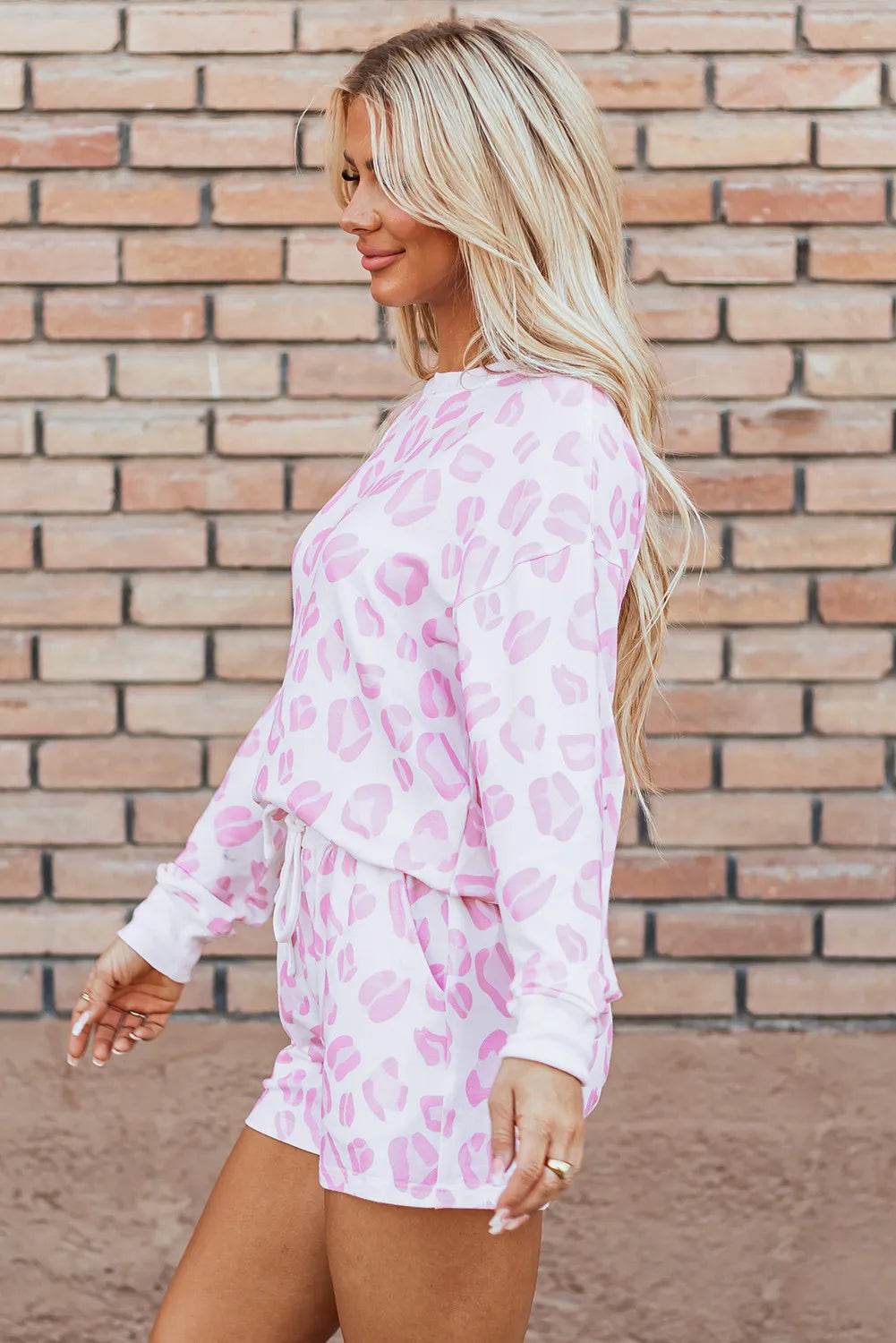 Leopard Long Sleeve Top and Drawstring Shorts Lounge Set - UnLaced Boutique