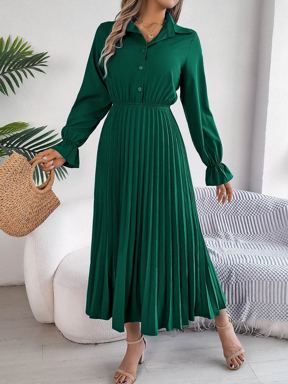Pleated Half Button Long Sleeve Midi Dress - UnLaced Boutique