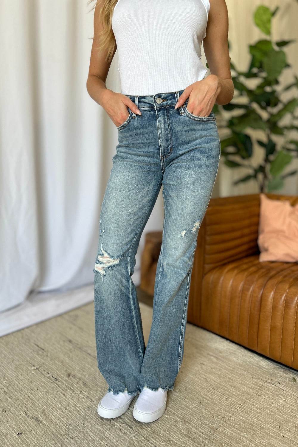Judy Blue Full Size Medium Rise Tummy Control Destroy Flare - UnLaced Boutique