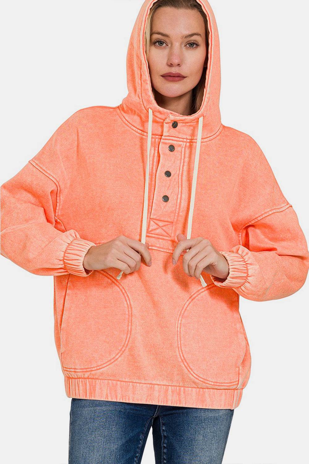 Zenana Drawstring Half Snap Dropped Shoulder Hoodie - UnLaced Boutique