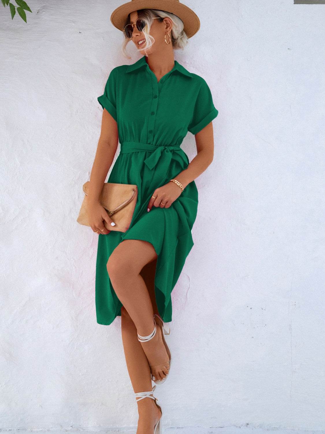 Buttoned Tie Waist Short Sleeve Dress - UnLaced Boutique