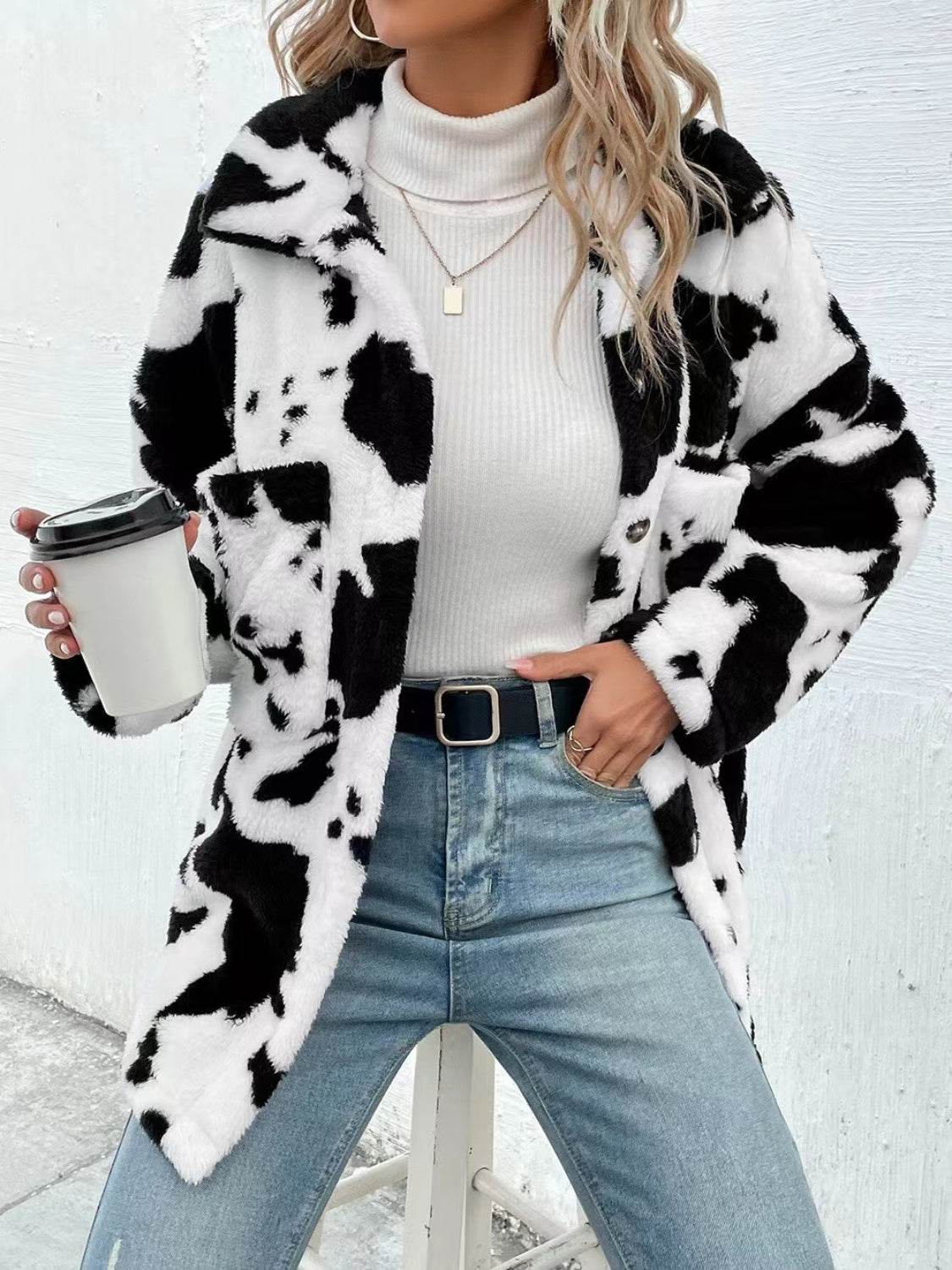 Cow Print Collared Neck Button Up Fuzzy Jacket - UnLaced Boutique