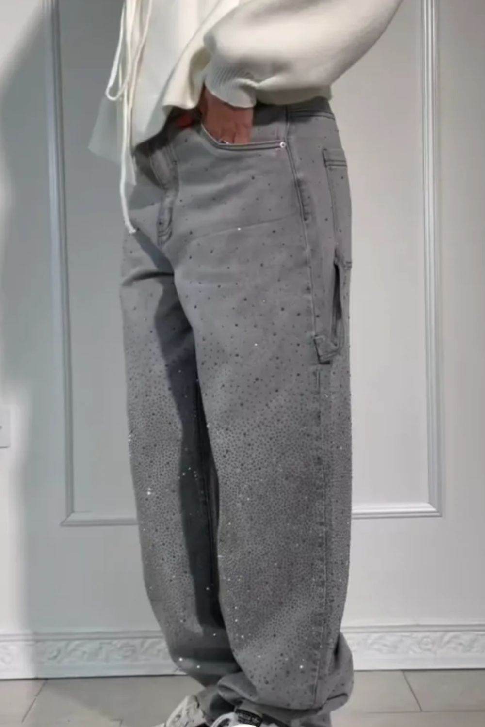 Full Size Washed Rhinestone Detail Wide leg Jeans Plus Size - UnLaced Boutique