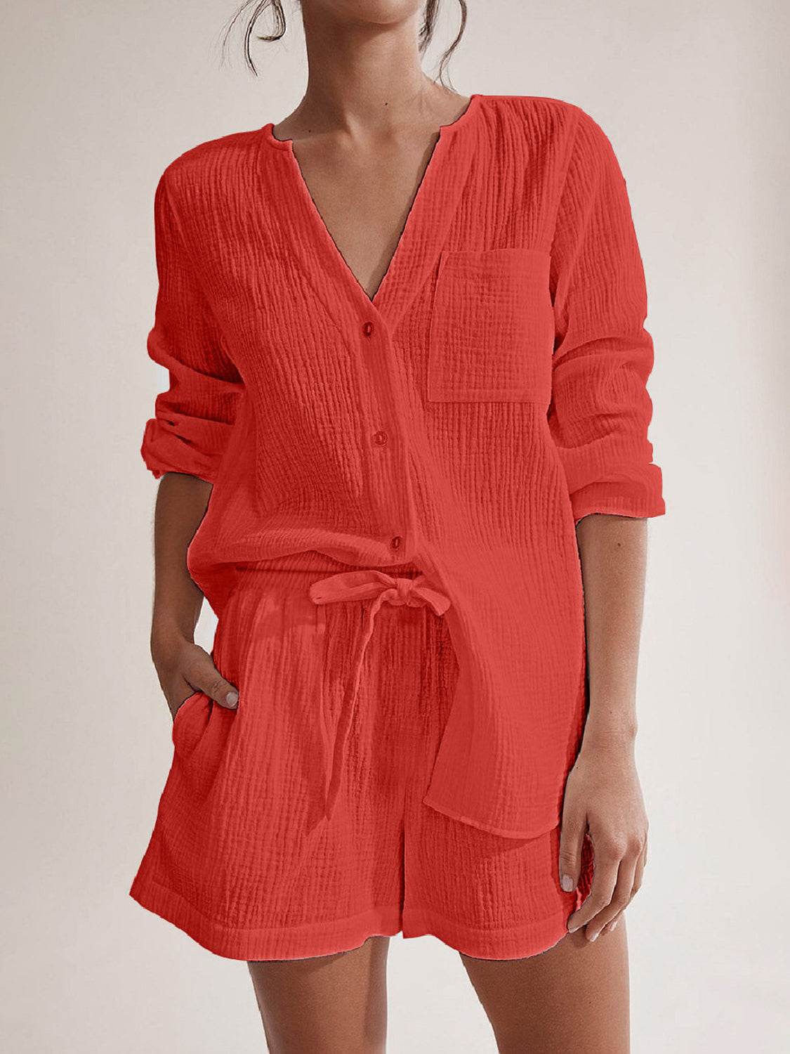 Notched Long Sleeve Top and Shorts Set - UnLaced Boutique