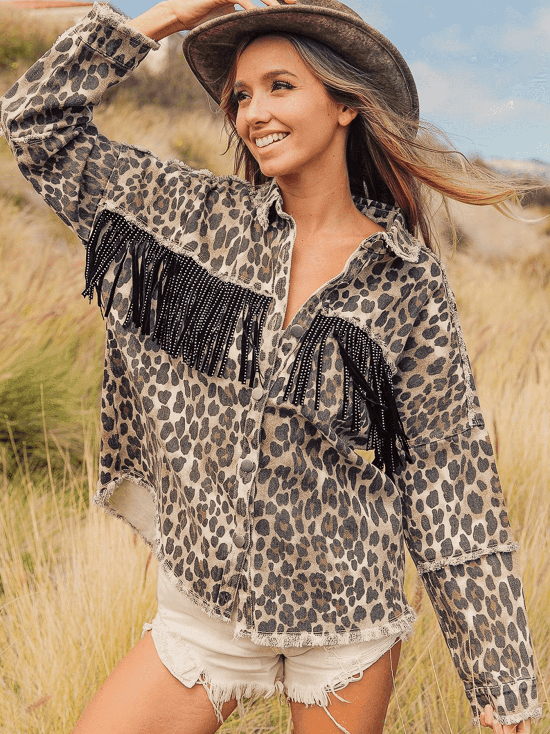 Leopard Fringe Detail Collared Neck Denim Jacket - UnLaced Boutique