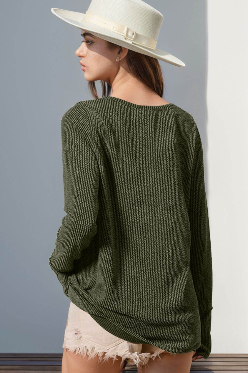 Double Take Full Size Notched Thumbhole Long Sleeve T-Shirt - UnLaced Boutique