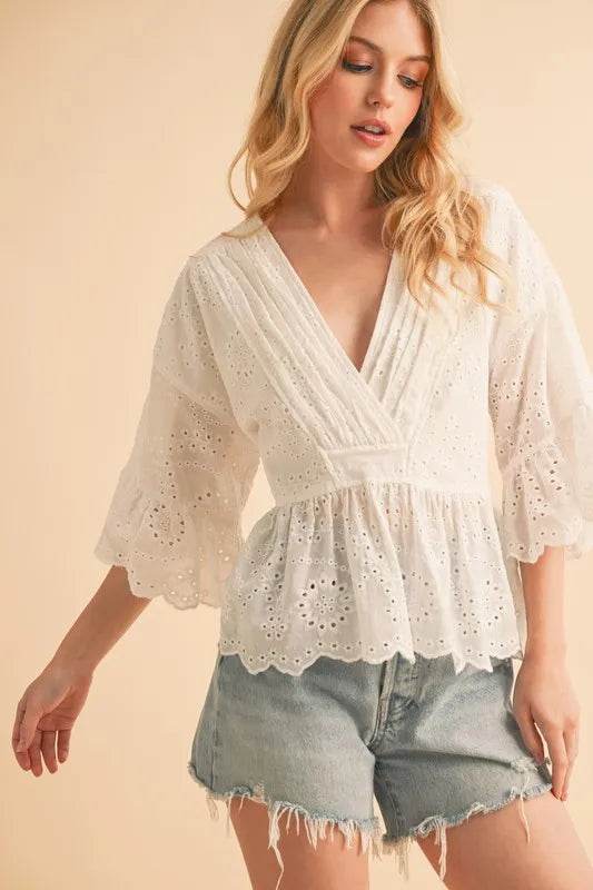 Aemi+Co Flounce Sleeve Eyelet Peplum Top - UnLaced Boutique