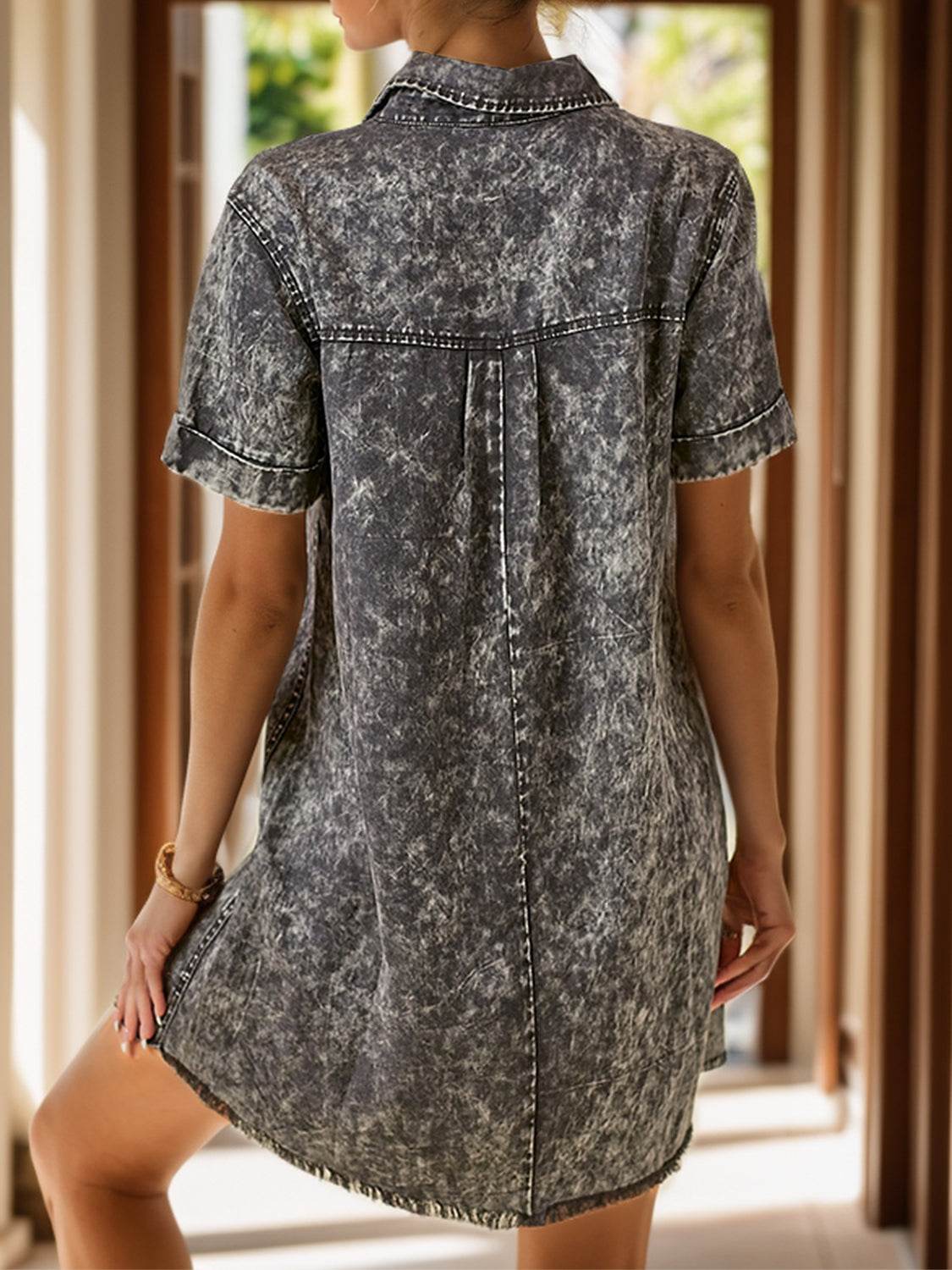 Pocketed Collared Neck Short Sleeve Denim Dress - UnLaced Boutique