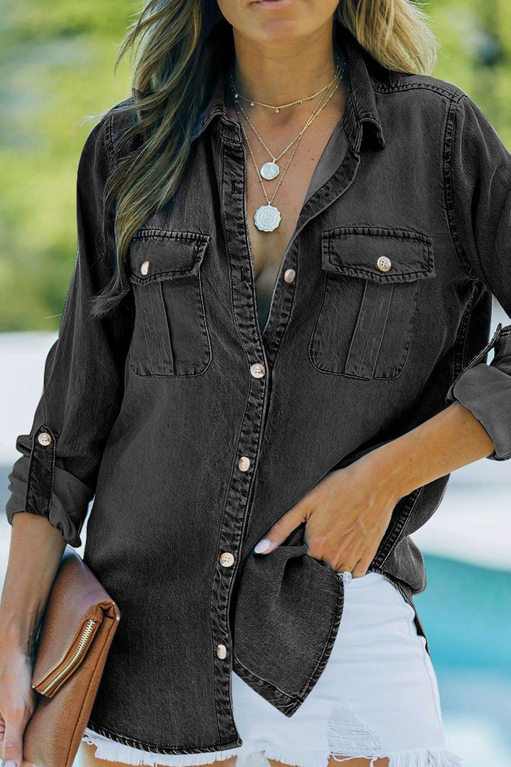 Pocketed Collared Neck Long Sleeve Denim Top - UnLaced Boutique
