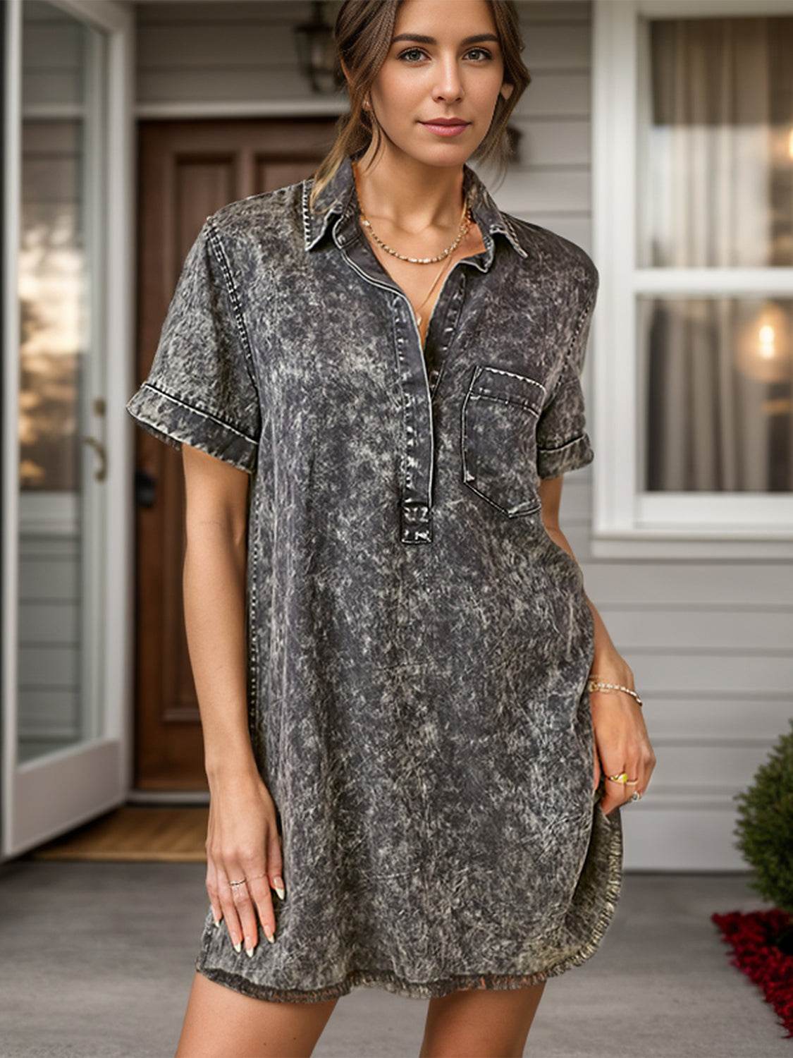 Pocketed Collared Neck Short Sleeve Denim Dress - UnLaced Boutique