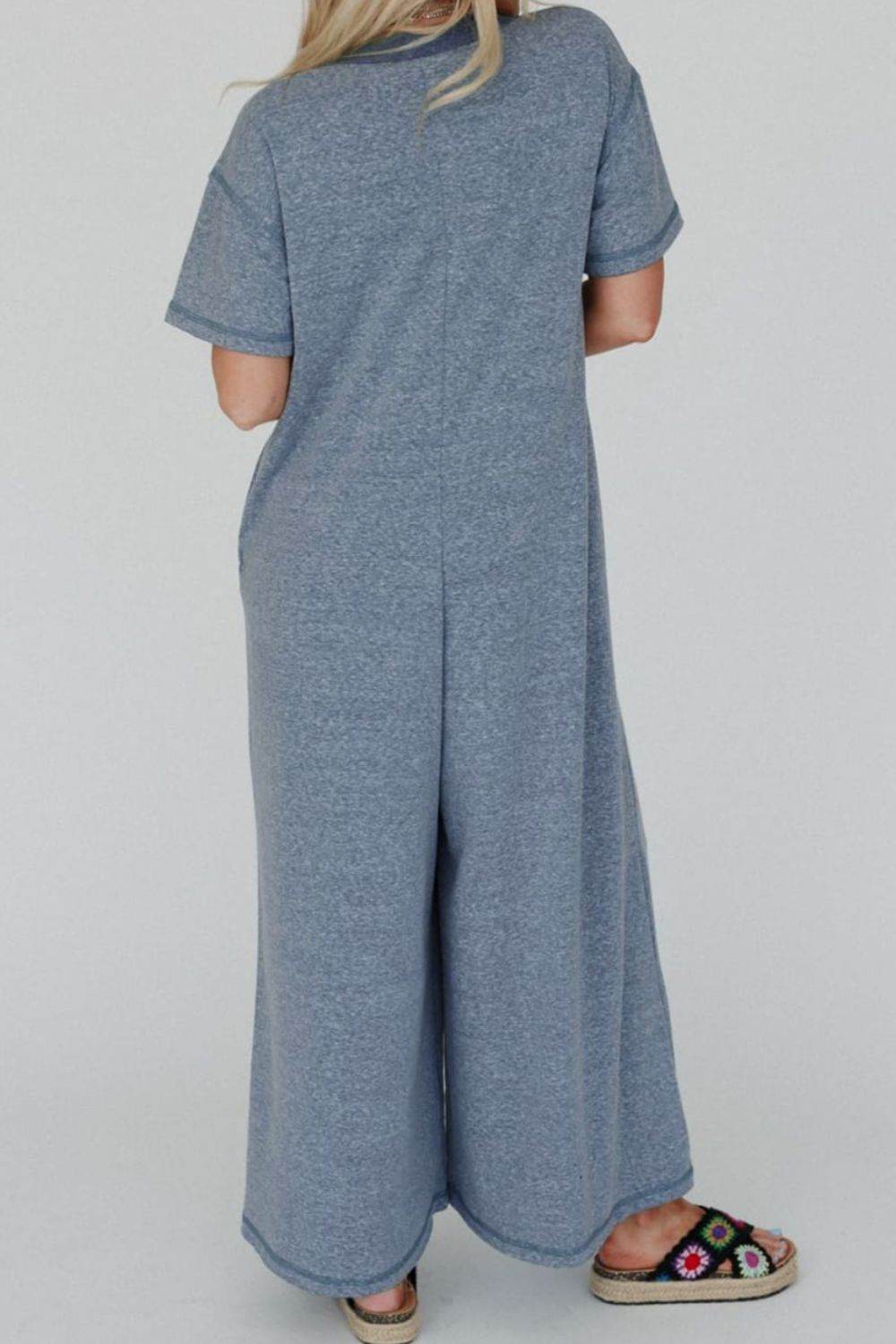 Placket Chest Pockets Short Sleeve Wide Leg Jumpsuit - UnLaced Boutique