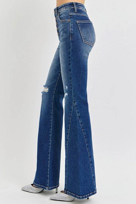 RISEN Distressed Button-Fly Flare Jeans - UnLaced Boutique