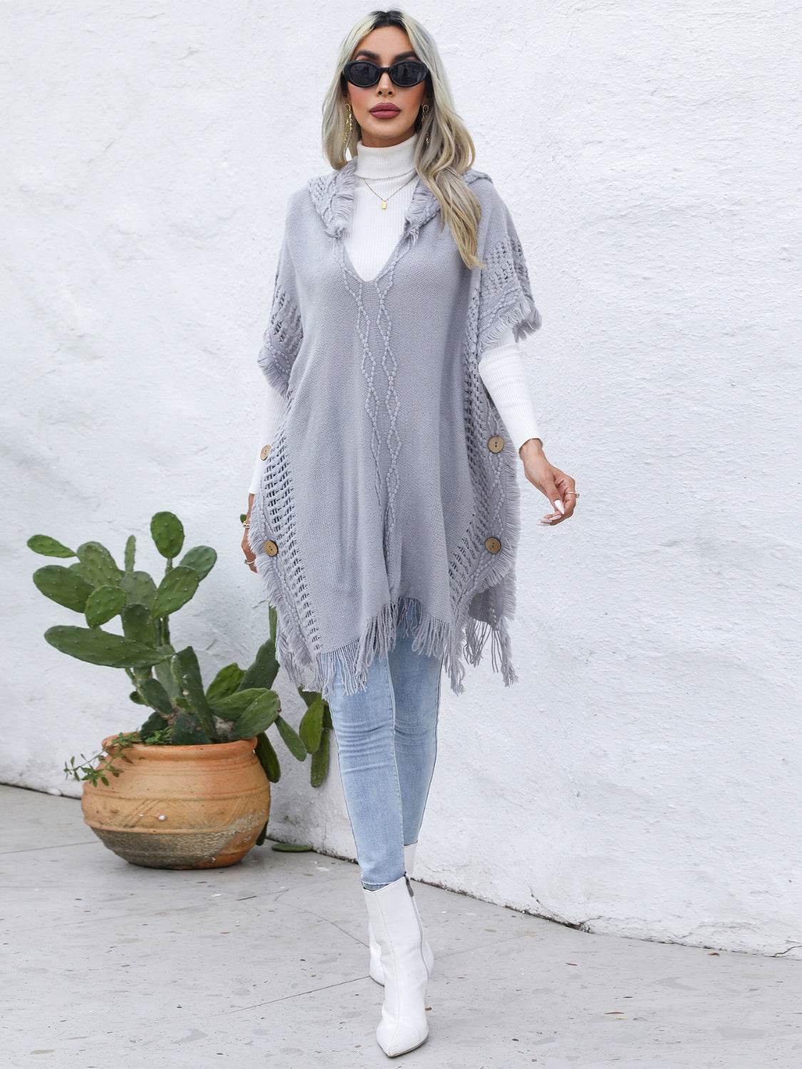 Fringe Trim Buttoned Hooded Poncho - UnLaced Boutique