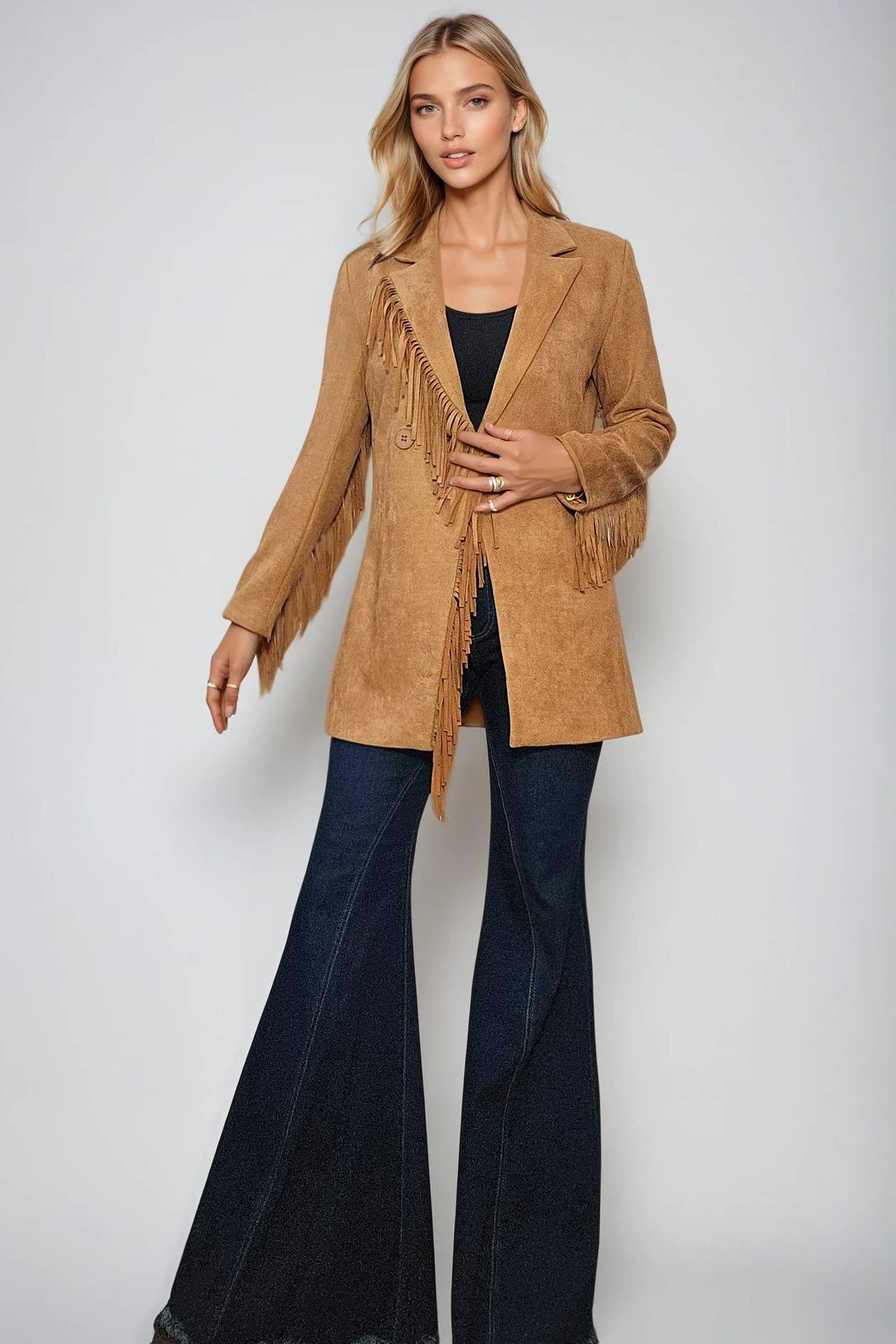 FAUX SUEDE FRINGED BLAZER