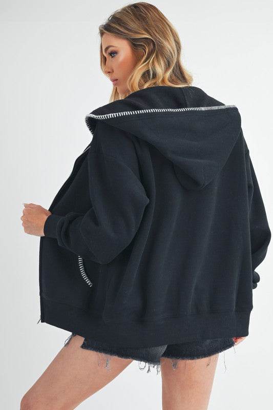 Aemi + Co Contrast Trim Zip Up Hoodie Jacket - UnLaced Boutique
