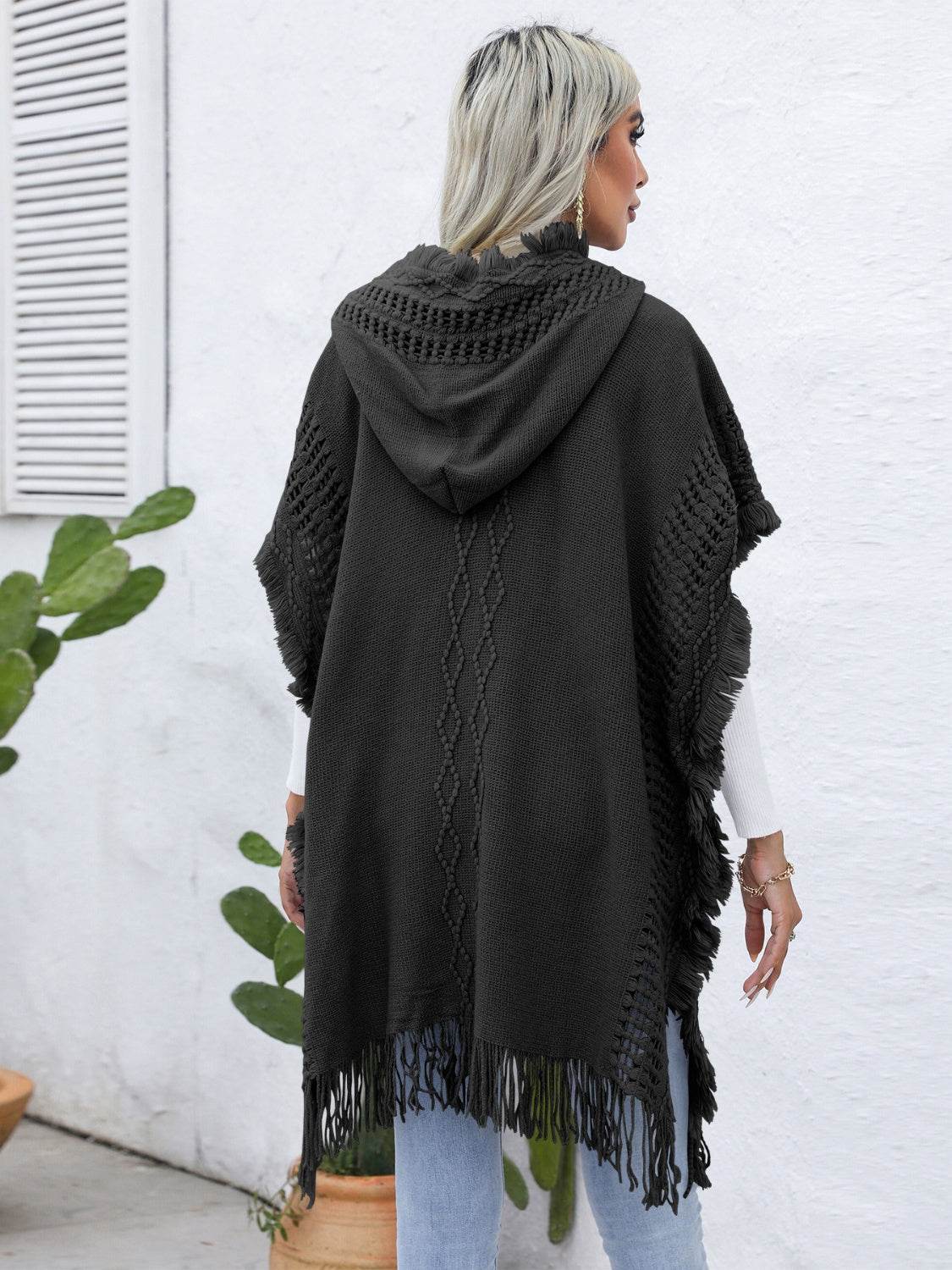 Fringe Trim Buttoned Hooded Poncho - UnLaced Boutique