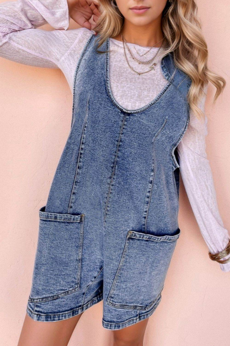 U Neck Patched Pocket Denim Overalls - UnLaced Boutique