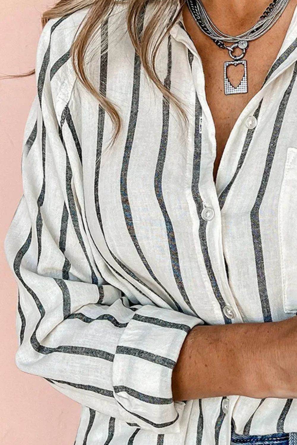 Pocketed Striped Collared Neck Long Sleeve Shirt - UnLaced Boutique