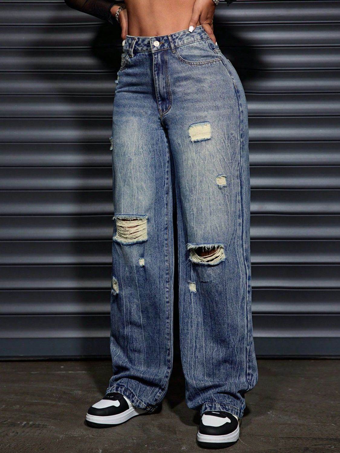 Distressed Wide Leg Jeans with Pockets - UnLaced Boutique
