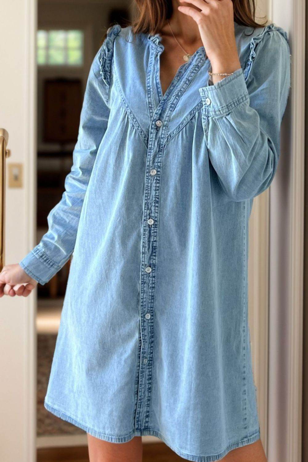 Button Up Notched Long Sleeve Denim Dress - UnLaced Boutique