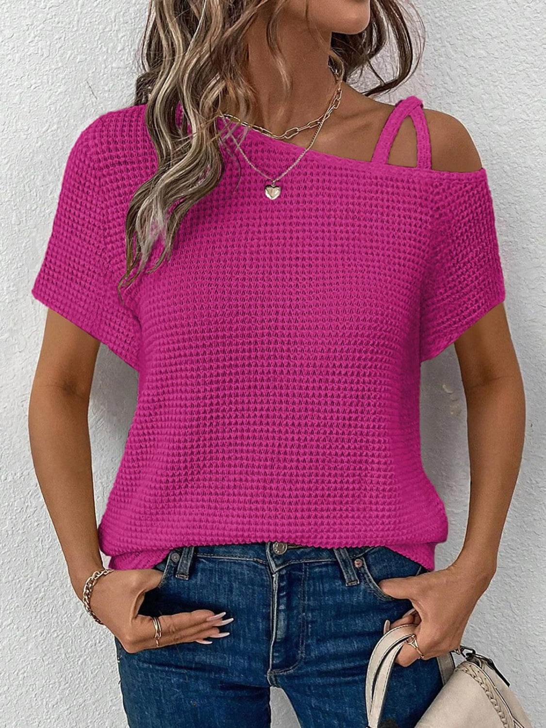 Asymmetrical Neck Short Sleeve T-Shirt - UnLaced Boutique