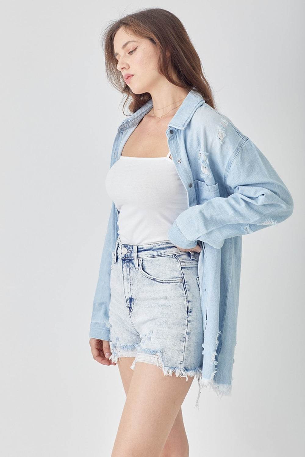 RISEN Raw Hem Distressed High Rise Denim Shorts - UnLaced Boutique