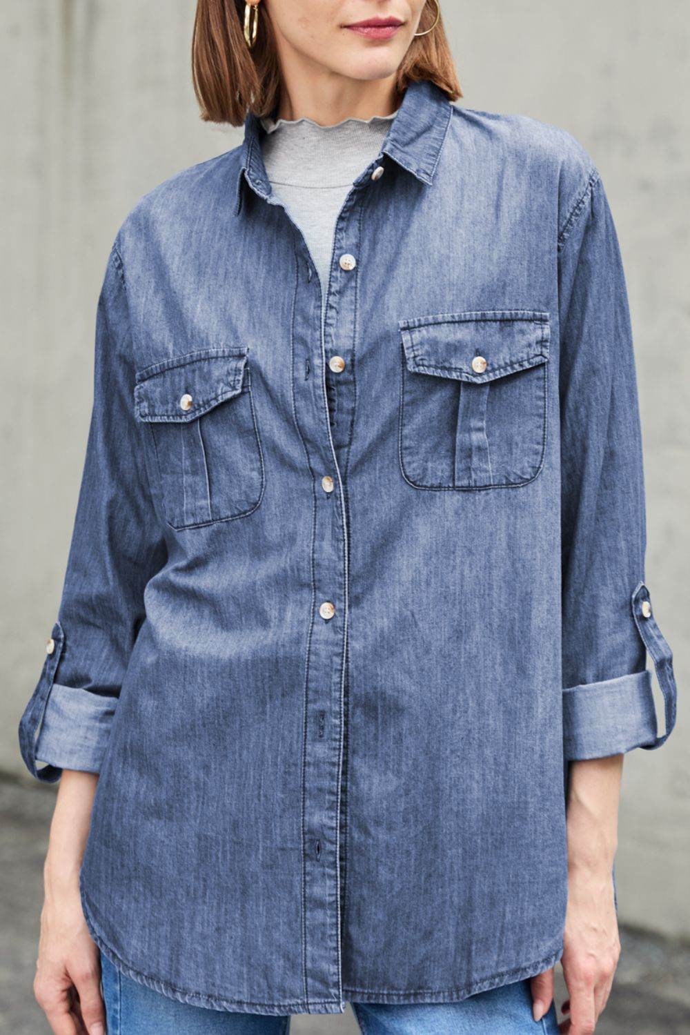 Pocketed Collared Neck Long Sleeve Denim Top - UnLaced Boutique