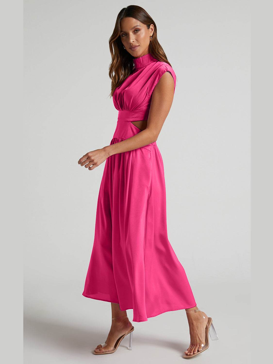 Cutout Mock Neck Sleeveless Ruched Dress - UnLaced Boutique