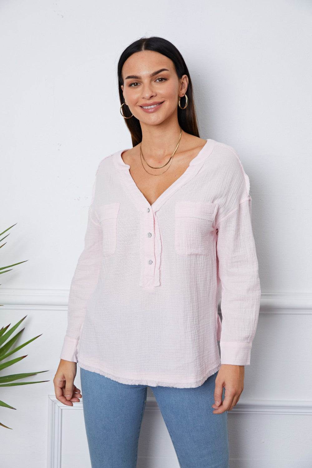 Texture Half Button Raw Hem Top - UnLaced Boutique