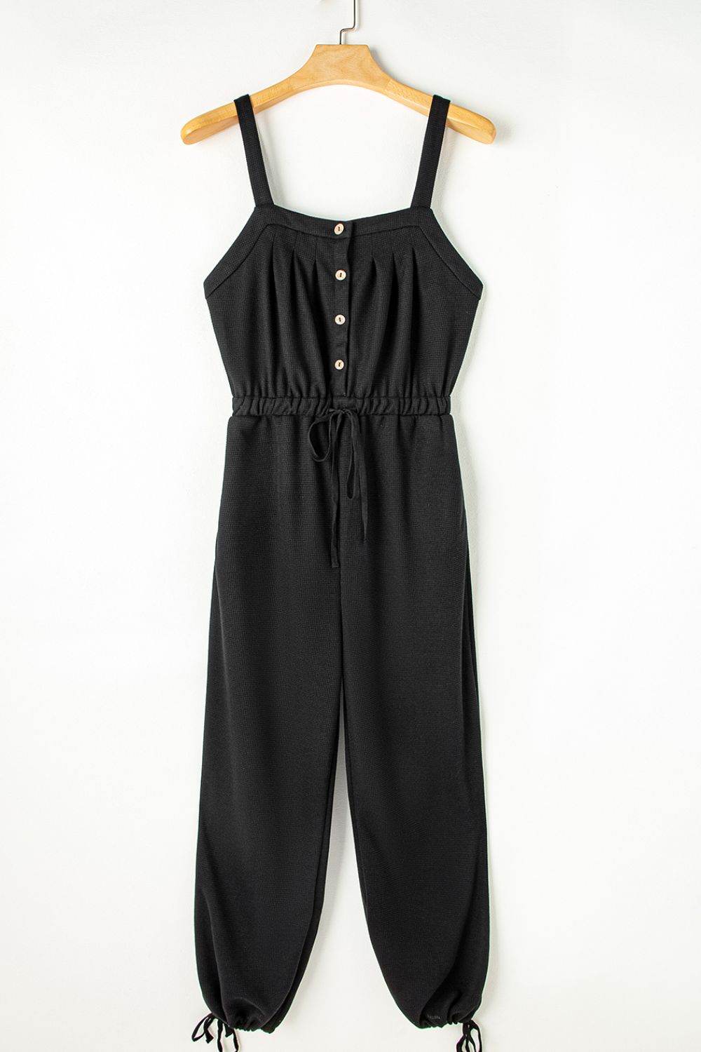 Knotted Straps Button Textured Drawstring Jumpsuit - UnLaced Boutique