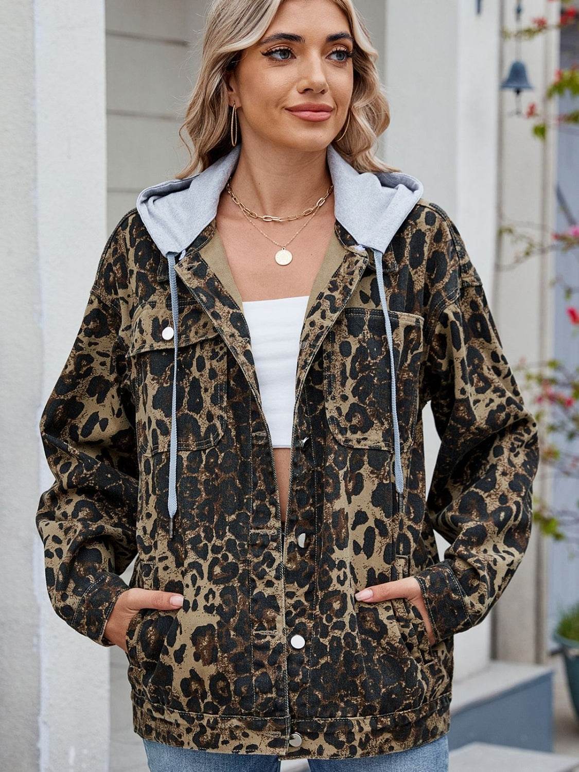 Pocketed Leopard Long Sleeve Denim Jacket - UnLaced Boutique