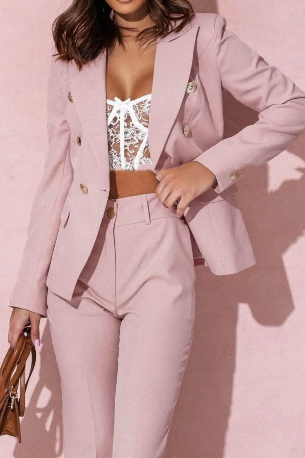 Full Size Lapel Collar Long Sleeve Blazer and Pants Set Plus Size - UnLaced Boutique
