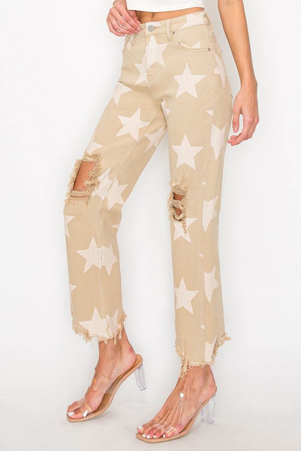 RISEN Full Size High Rise Star Printed Frayed Hem Jeans - UnLaced Boutique