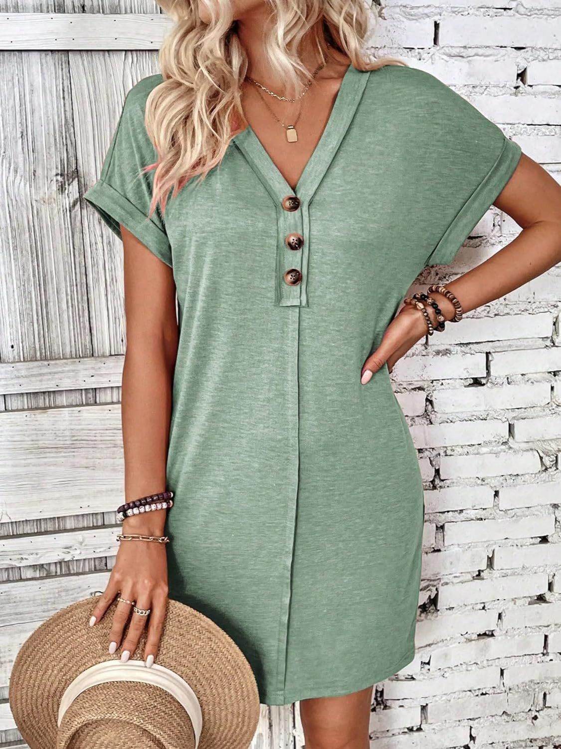 Quarter Button V-Neck Short Sleeve Dress - UnLaced Boutique