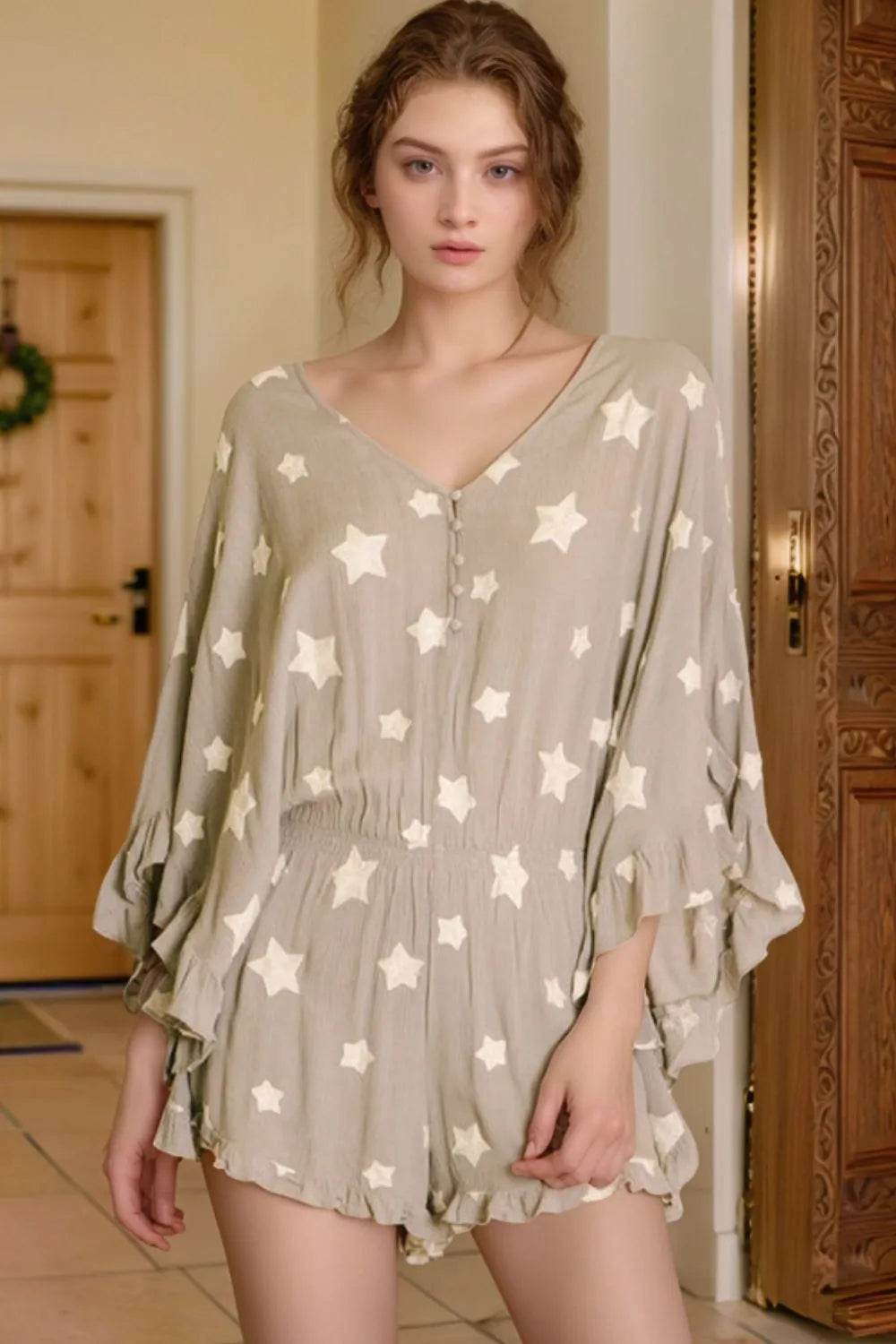 Star Print Crinkle Textured Kimono Ruffle Sleeve Romper - UnLaced Boutique