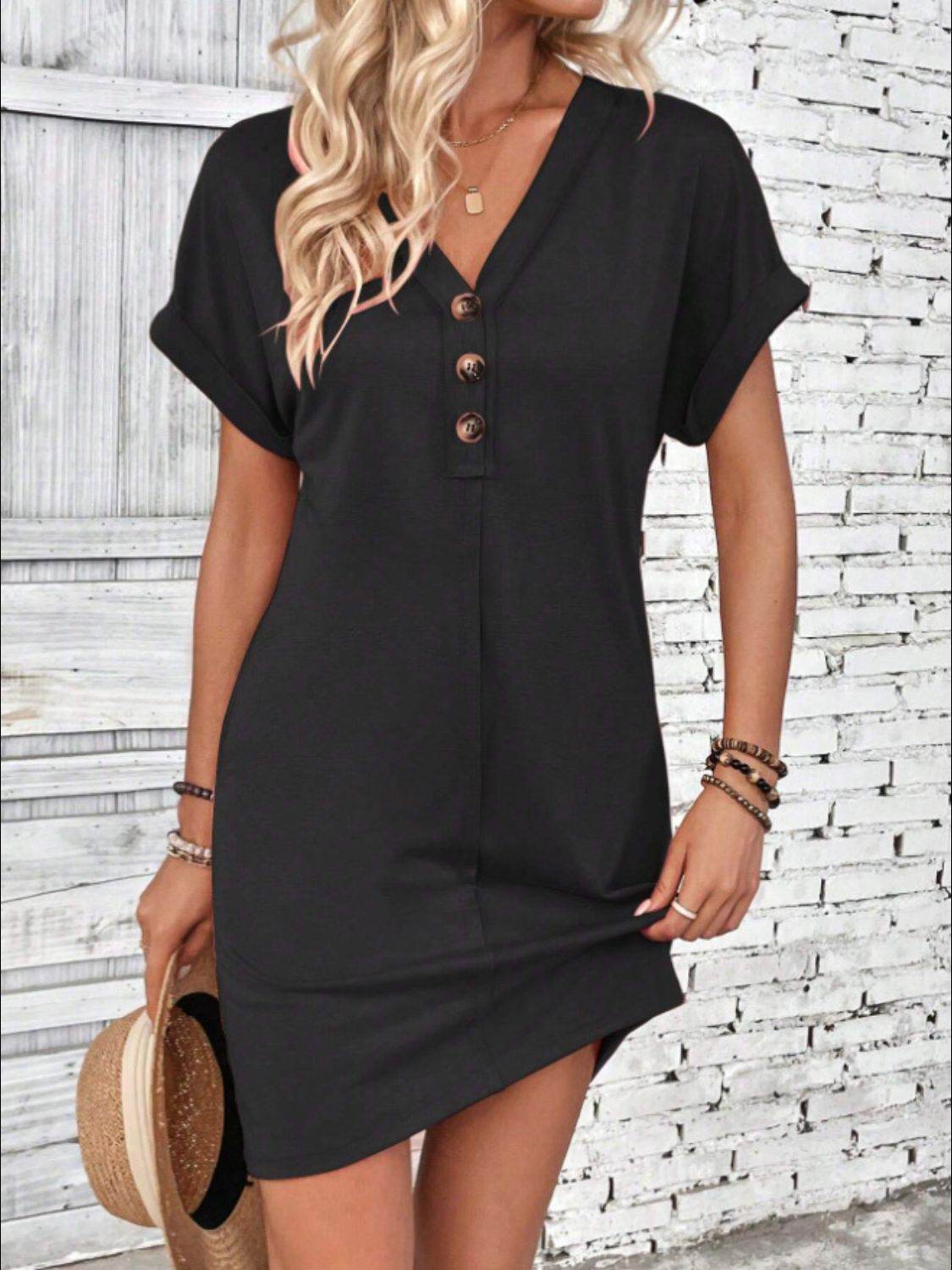 Quarter Button V-Neck Short Sleeve Dress - UnLaced Boutique