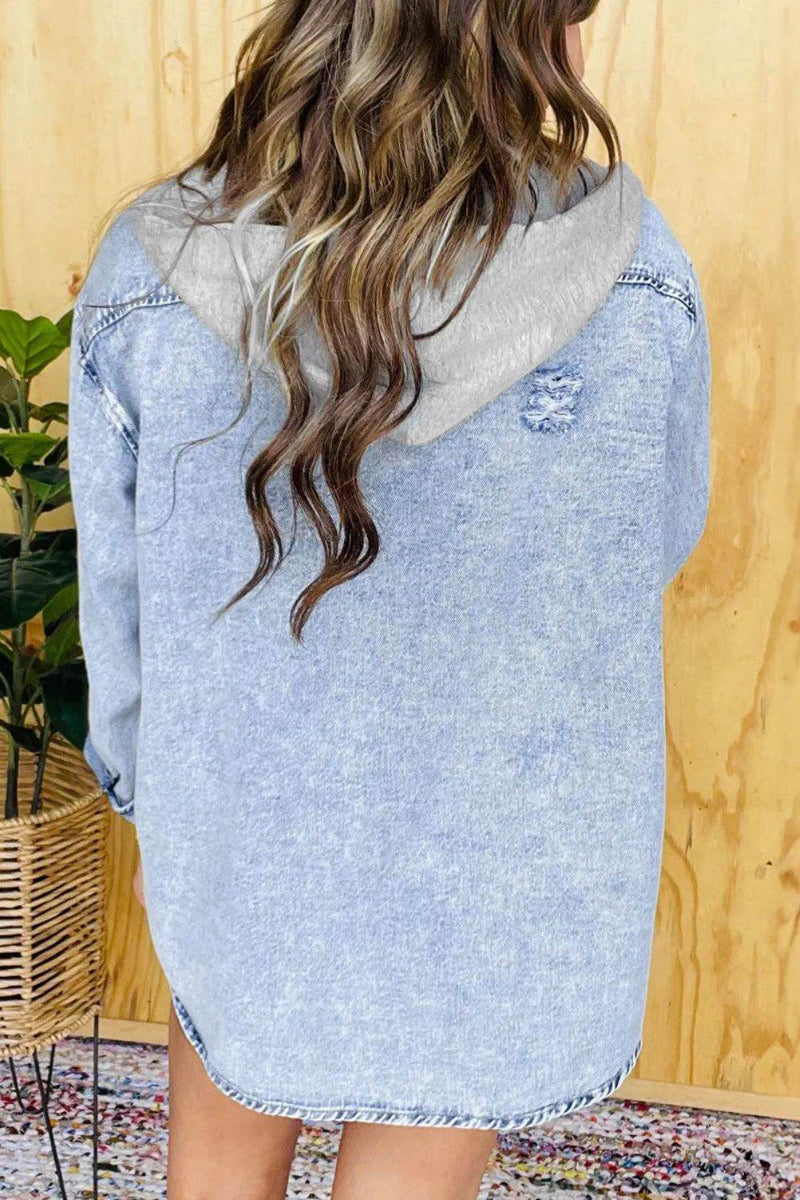 Distressed Button Up Long Sleeve Denim Jacket - UnLaced Boutique