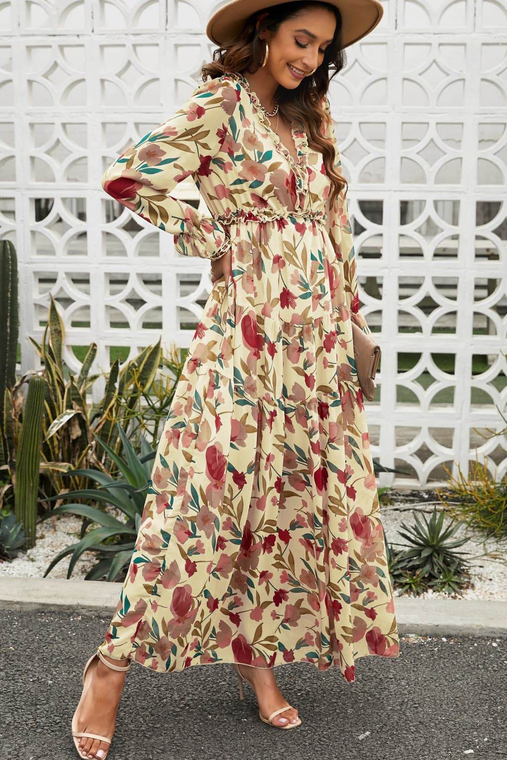 Floral Frill Trim Flounce Sleeve Plunge Maxi Dress - UnLaced Boutique