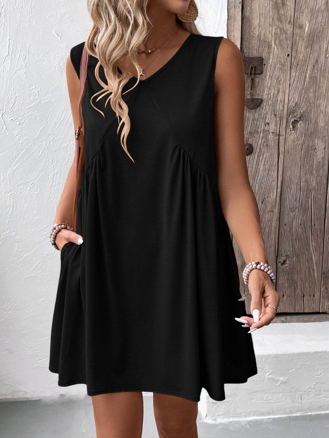 Ivy Lane Ruched V-Neck Sleeveless Mini Dress - UnLaced Boutique