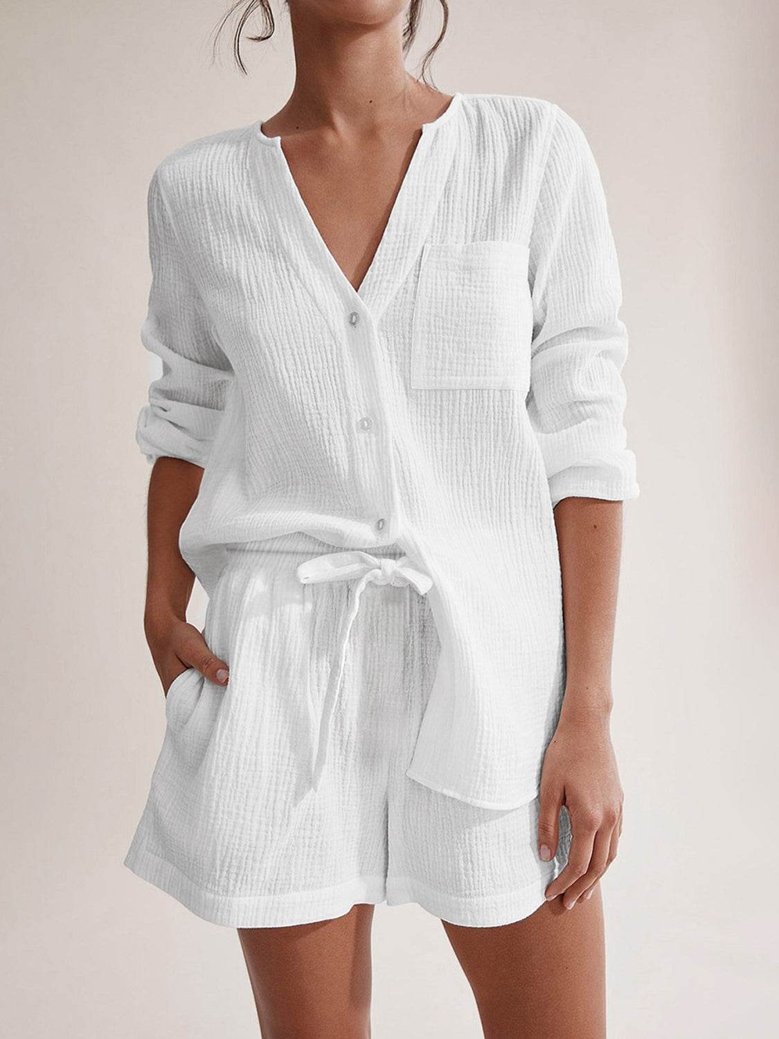 Notched Long Sleeve Top and Shorts Set - UnLaced Boutique