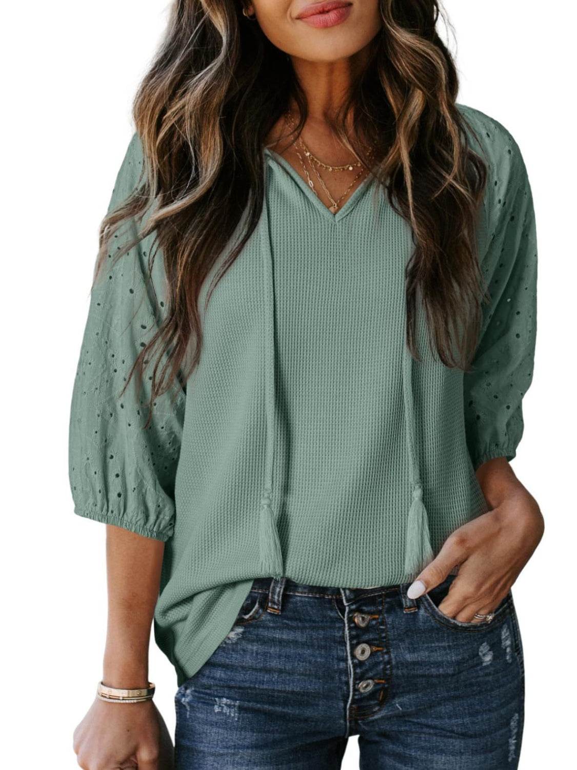 Eyelet Tie Neck Three-Quarter Sleeve Blouse - UnLaced Boutique