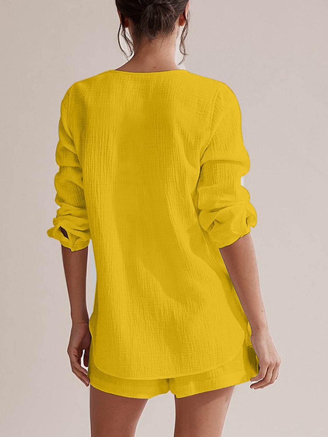 Notched Long Sleeve Top and Shorts Set - UnLaced Boutique