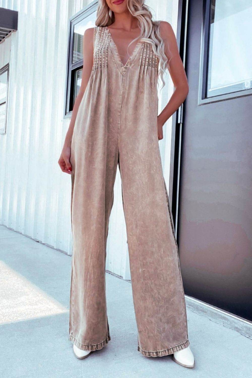 V-Neck Wide Leg Denim Jumpsuit - UnLaced Boutique