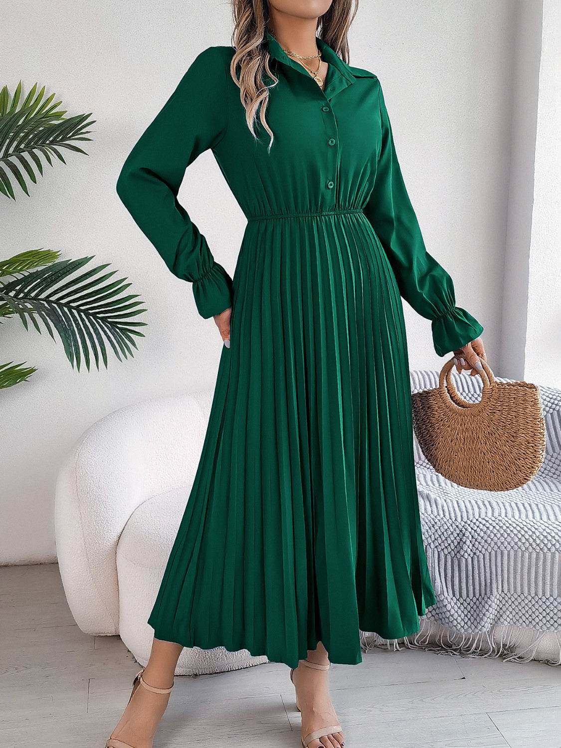 Pleated Half Button Long Sleeve Midi Dress - UnLaced Boutique