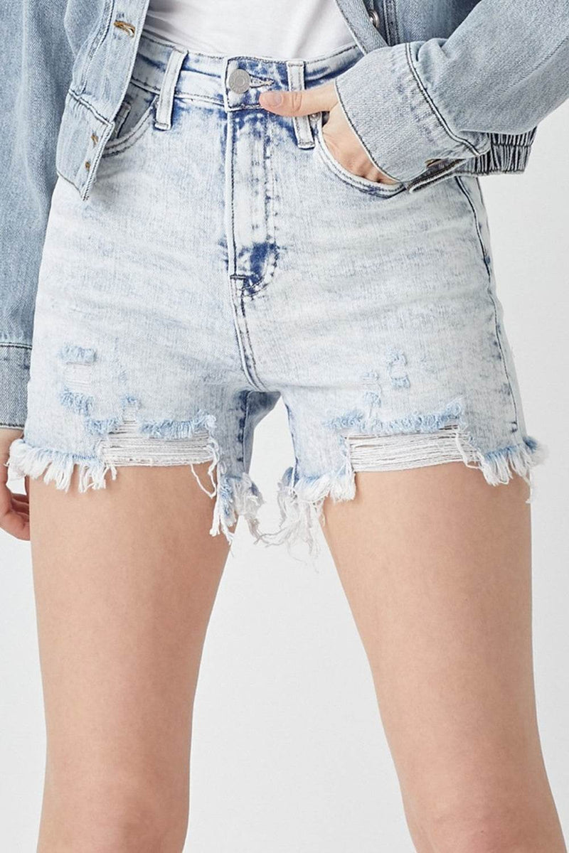 RISEN Raw Hem Distressed High Rise Denim Shorts - UnLaced Boutique